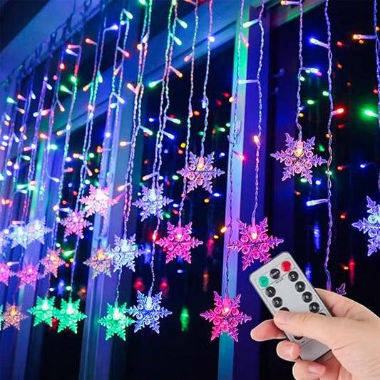 Snowflake Curtain Lights, 108 LED 13FT Multicolor Fairy Lights with Snowflake Pendants, USB Powered Remote, 8 Modes, Linkable x5, IPX4 Waterproof for Christmas, Party & Winter Decor