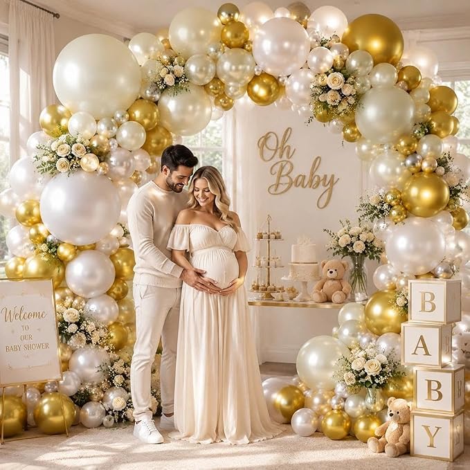 White and Gold Balloon Garland - Double Stuffed Pearl Sand White Gold Balloons Arch Kit 5 12 18 inch for Birthday Graduation Bar Mitzvah Bachelorette Wedding Baby Shower Party Decorations