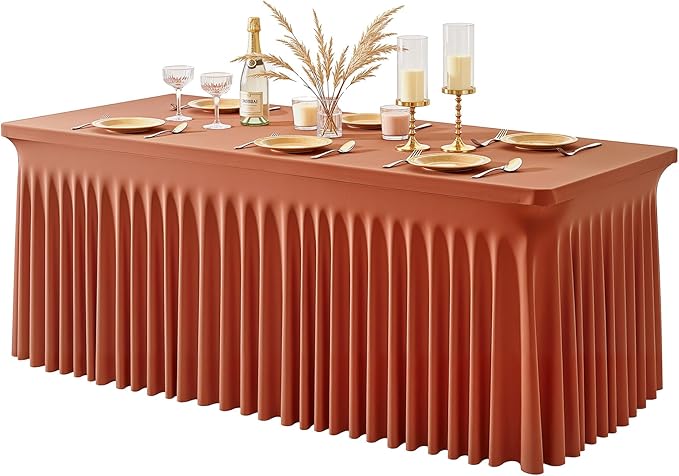 1 Pack Terracotta Spandex Tableclothes for 4 Foot Rectangle Tables, Wrinkle Free 4ft Fitted Table Cover Stretch Table Cloth Desk Skirt for Weddings Baby Shower Birthday Party Banquet Decorations