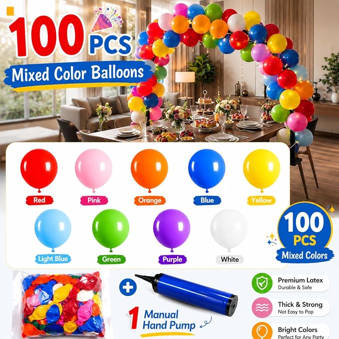 Over the Table Rod Stand with Clamps, 100PCS Rainbow Balloons & Flower Arch Kit (27.5"-48" Tall, 47"-98" Length), Black Table Arch Frame Hanging Party Decor for Wedding Birthday Home Party Decoration