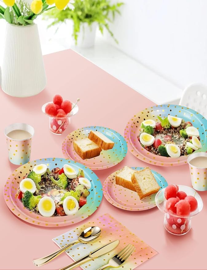 Nkaiso 141 Pieces Rainbow Gold Party Supplies, Party Dinnerware Sets Include Paper Plates Napkins Cups Silverware, for Wedding Bridal Shower Engagement Birthday Parties Decoration -20 Serves