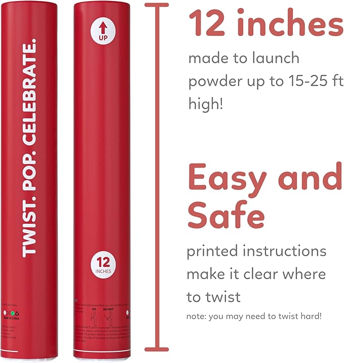 Red Powder Cannons Smoke Bombs Biodegradable Poppers | 2 Pack | Launch 25 ft Far | 12 inch | Decorations For Photoshoots, Gender Reveal, Celebrations, Festivals, and Parties | TUR Party Supplies