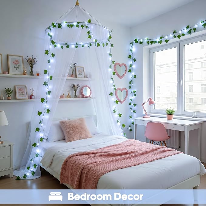 JMEXSUSS 33Ft Vines with Lights Battery Operated, 100 LED Ivy Vines with Fairy Lights Leaf with Remote for Bedroom Wall Classroom Dorm Wedding Birthday Party Decor(White)