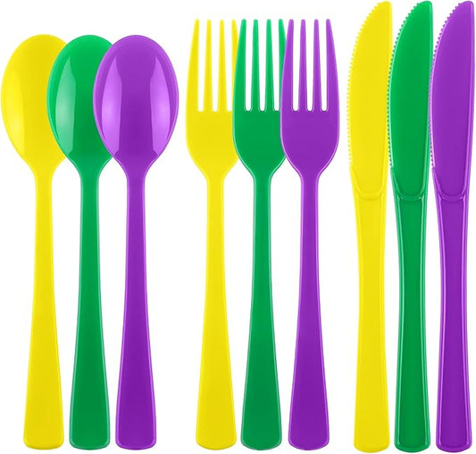 Kochorie 300 Pieces Mardi Gras Plastic Silverware, Disposable Plastic Masquerade Utensils Heavy Duty Cutlery Set Include Spoons Forks Knives for Carnival Birthday Mardi Gras Party, Purple Yellow Green