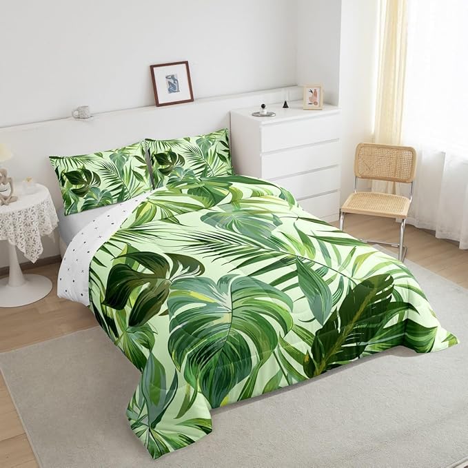 jejeloiu Green Palm Leaf Comforter Set Full Size Kids Tropical Leaves Pattern Green Bedding Set for Boys Girls Summer Tree Branches Nature Theme Duvet Quilt Room Decor