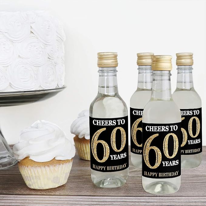 Big Dot of Happiness Adult 60th Birthday - Gold - Mini Wine and Champagne Bottle Label Stickers - Birthday Party Favor Gift for Women and Men - Set of 16