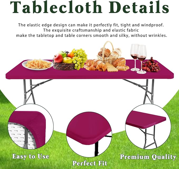 6 Pack Picnic Table Cover Elastic Fitted Outdoor Tablecloths for 6 Foot Rectangle Table Waterproof Stretch Washable Patio Folding Spandex Tablecloth for Camping Banquet Parties (Hot Pink,30" x 72")