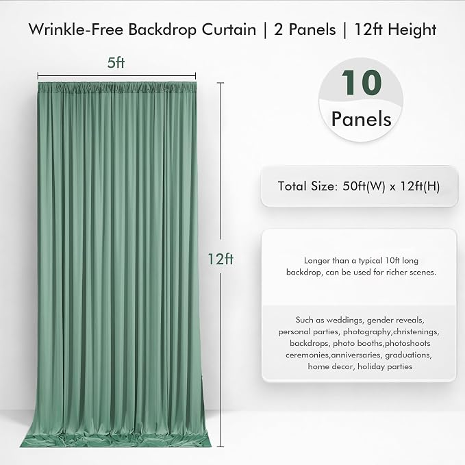 50ftx12ft Wrinkle Free Sage Green Backdrop Curtain Photo Backdrop Drapes | 10 Panels 5×12ft Height Sage Silky Polyester Fabric Back Drop Cloth for Wedding Party Birthday Photography Background Drape
