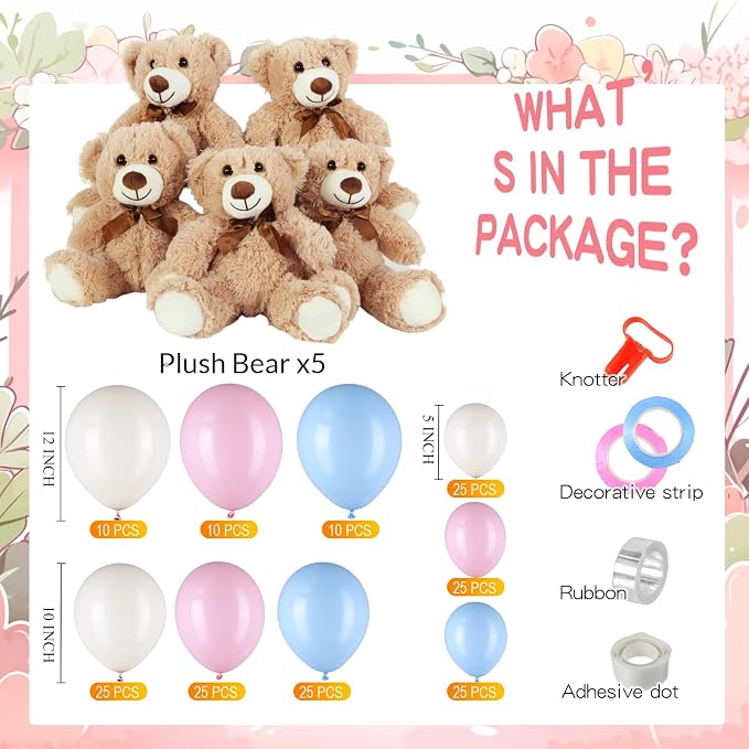 Meooeck 185 Pcs Bear Baby Shower Party Decorations Table Centerpieces 5 Pcs 13. 5'' Gender Reveal Bears 180 Balloons Kit Baby Shower Table Decor for Birthday Wedding(Pink, Blue, Tea White)
