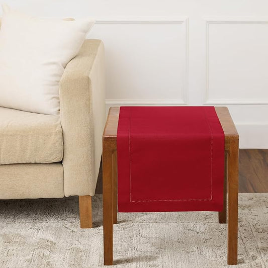 Solino Home Red Table Runner 36 Inches - Cotton Linen Hemstitch Coffee Table Runner 14 x 36 Inch Ideal for Dresser Tables - Mothers Day, Memorial Day