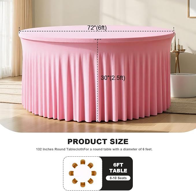 72 Inch Pink Round Tablecloth,Washable Stretchy Fitted Circular Table Cover with Elastic Edge for 6FT Round Table, Reusable Tablecloth for Wedding Banquet Party Birthday Buffet Dining