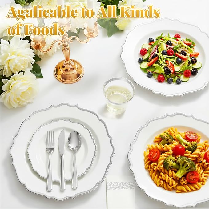 Glowserve 175 Piece Disposable Plastic Plates Dinnerware Set for 25 Guests | 50 Plastic Plates,25 Silverware Set,25 Cups and Napkins,Party Wedding Birthday,Family Gathering,Fancy Plastic Plates