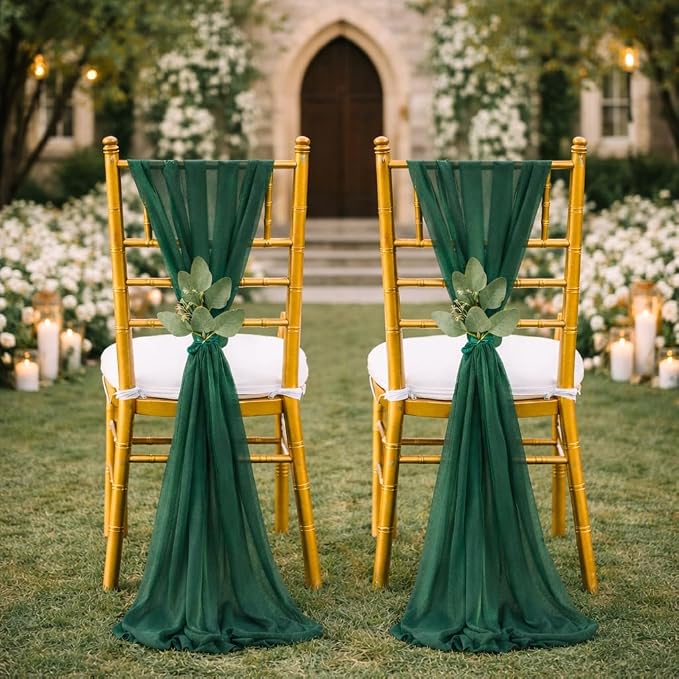 QueenDream Emerald Green Chair Sashes Wedding: 16 Pieces Long Sheer Wedding Aisle Chair Decorations Tulle Chairs Covers with Artificial Eucalyptus