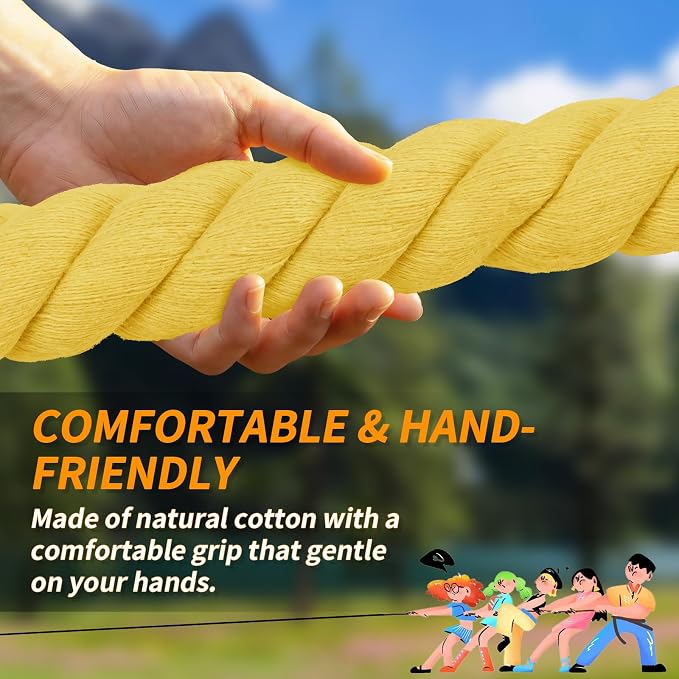 Tug of War Rope for Kids & Adults - 40ft Soft Cotton Outdoor Pulling Rope with Flag for Team Building Activities Field Day Family Reunions Birthday Parties Camping Games- Yellow