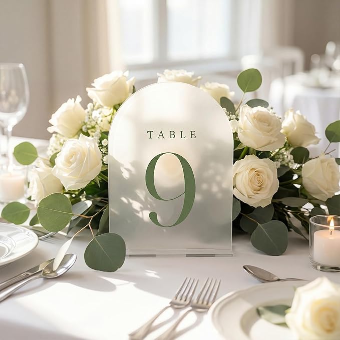 15 Pcs Frosted Arch Wedding Table Numbers with Stands 1-15, 5"x7" Acrylic Display Signs and Holders, Perfect for Centerpiece, Reception, Party, Anniversary, Banquet, Event (Sage Green)