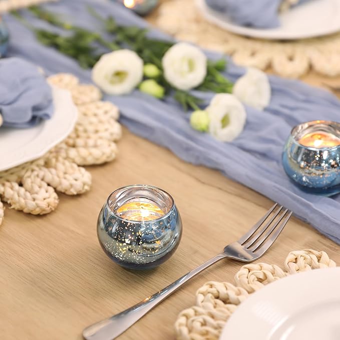 Volens 24PCS Blue Votive Candle Holders Bulk, Round Mercury Glass Candle Holders for Tealight - Blue Centerpiece Table Decorations for Wedding, Birthday, Party, Bridal Shower and Home Decor