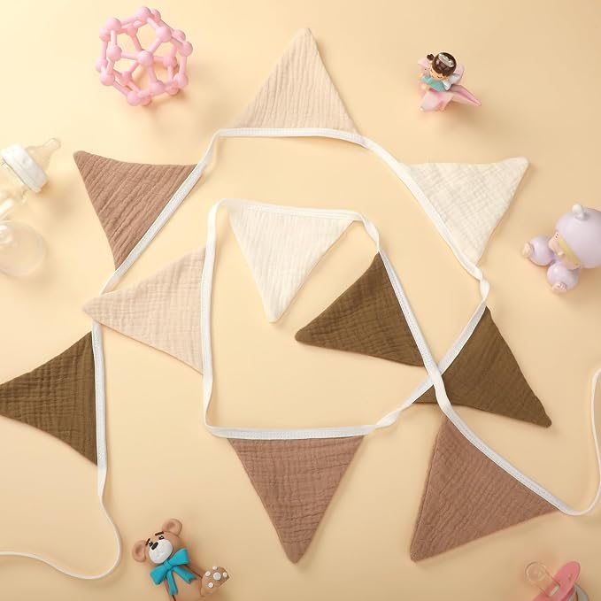 Oudain 2 Pcs Pennant Banner Flags Nursery Garland Triangle Bunting Flags Playroom Wall Decor Banner for Nursery Baby Shower Birthday Boho Wedding Party Event, Each 7.75 ft(Khaki Colors)