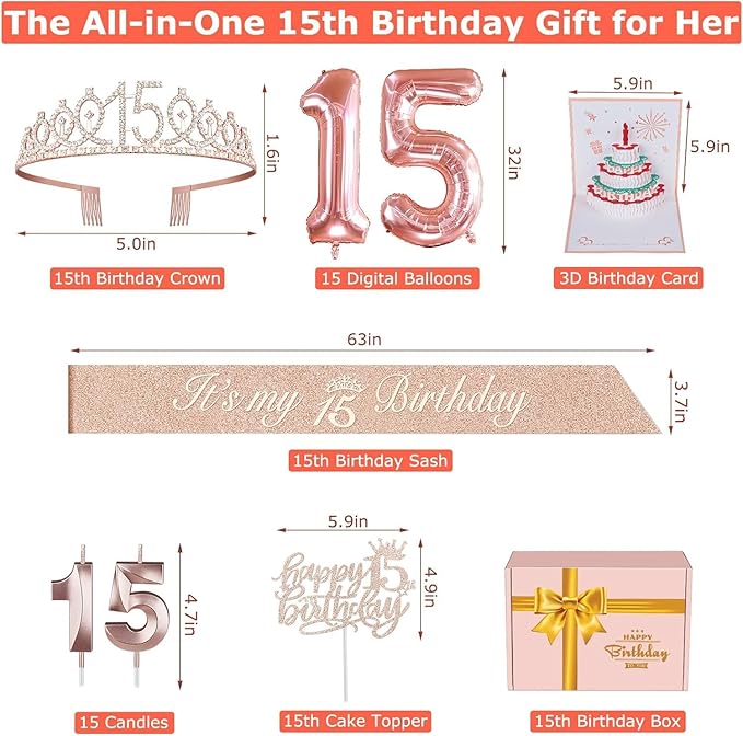 15th Birthday Decorations for Girls with 15th Birthday Crown and Sash, Cake Topper and Candles, Number Balloons, 3D Pop Up Greeting Card, 15 Year Old Gifts for Girls