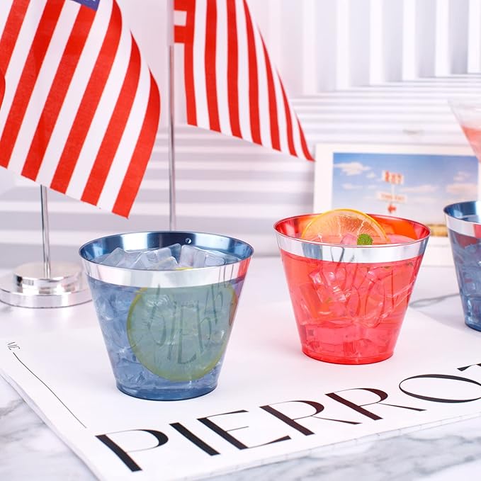 LIYH 100 Pcs 9 oz Red and Blue Disposable Plastic Patriotic Cups, 4th of July Plastic Wine Glasses for Celebrate, 4th of July Disposable Party Cups for Independence Day 50 Each