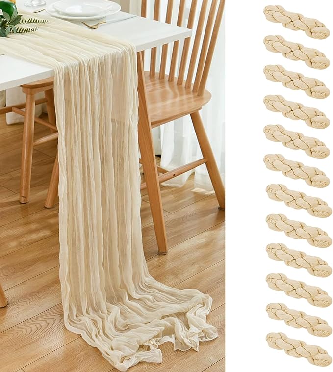 12 Pack Beige Table Runner 21 x 120 inch Cheesecloth Table Runner 10Ft Rustic Gauze Table Runners Romantic Long Sheer Fabric Boho Cheese Cloth Table Runners for Wedding Party Bridal Baby Shower