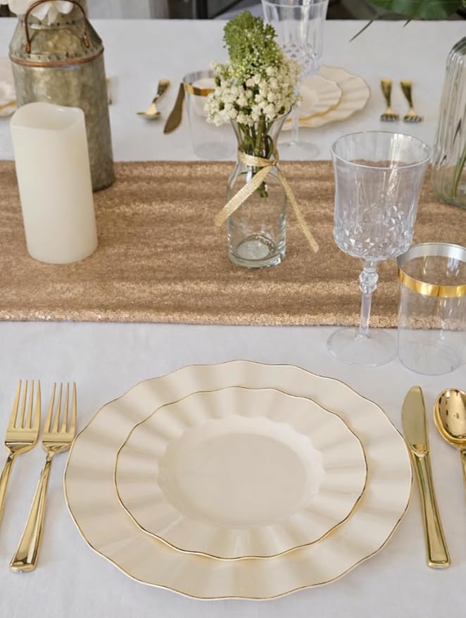 " OCCASIONS " 60 Plates Pack (30 Guests)-Heavyweight Wedding Party Disposable Plastic Plate Set -30 x 10.25'' Dinner + 30 x 7.5'' Salad/dessert plates (Bloom Ivory & Gold)