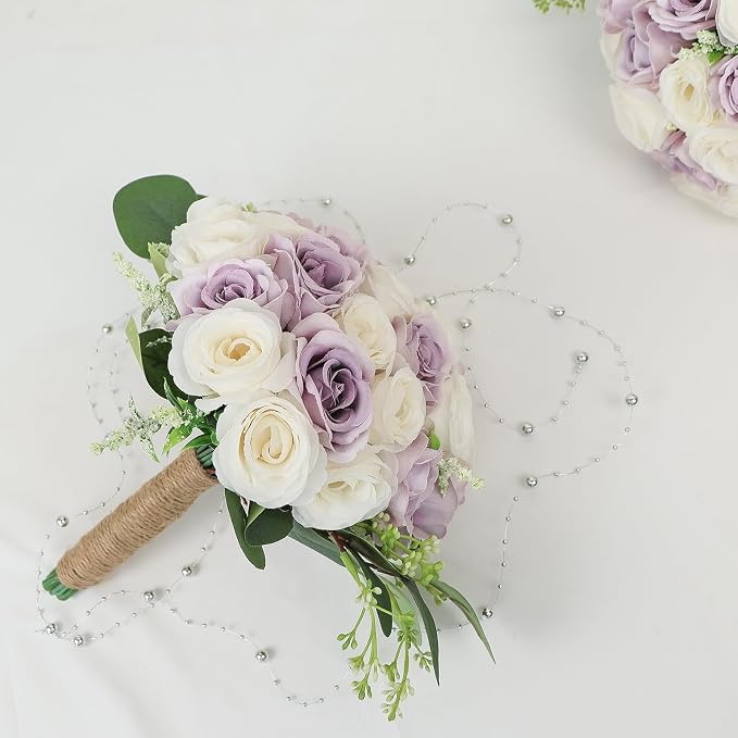Bridesmaid Bouquets for Wedding 1 Pack - 9 Inch Artificial Ivory Flower Bouquet for Party Ceremony Anniversary Dinning Table Centerpieces Decor - Lilac and White