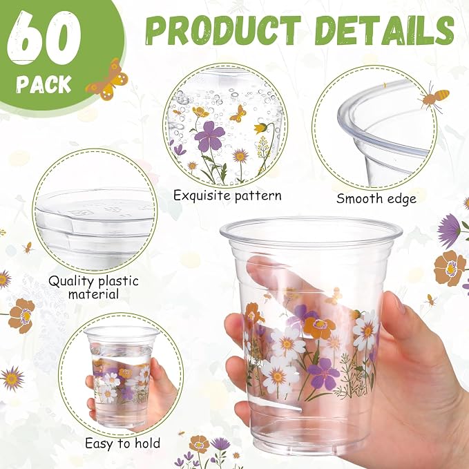 Hushee Purple Boho Floral 60 Pcs Party Cups 16 oz Plastic Disposable Drinking Cups for Birthday Love Baby in Bloom Baby Shower Summer Fresh off The Market Bridal Shower Decorations Supplies