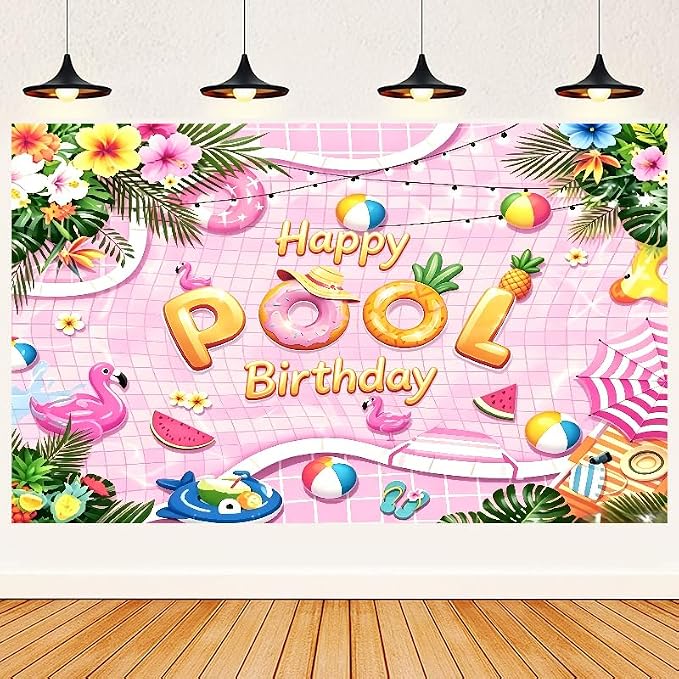 159Pcs Pink Pool Happy Birthday Summer Themed Party Decorations, Plates Napkins Cups Tableware, Swim Pool Tube Backdrop Tablecloth, Happy Birthday Banner, Colorful Printed Ballons for Kids Adults