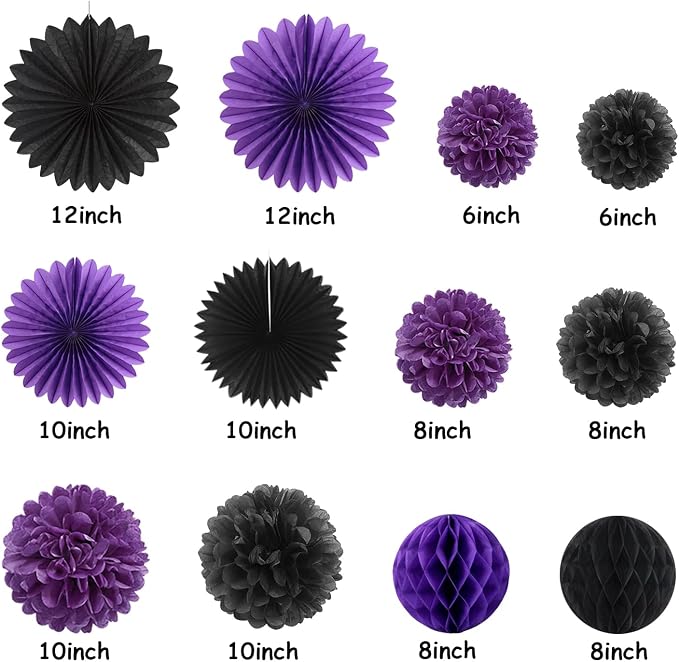 Purple Black Happy-Halloween Party Decorations - 13PCS Spider Web Bats Streamers Banner ,Paper Flowers Lanterns Tissue Pom Poms Fans, Classroom Birthday Bachelorette Hanging Supplies Decor Hugfond
