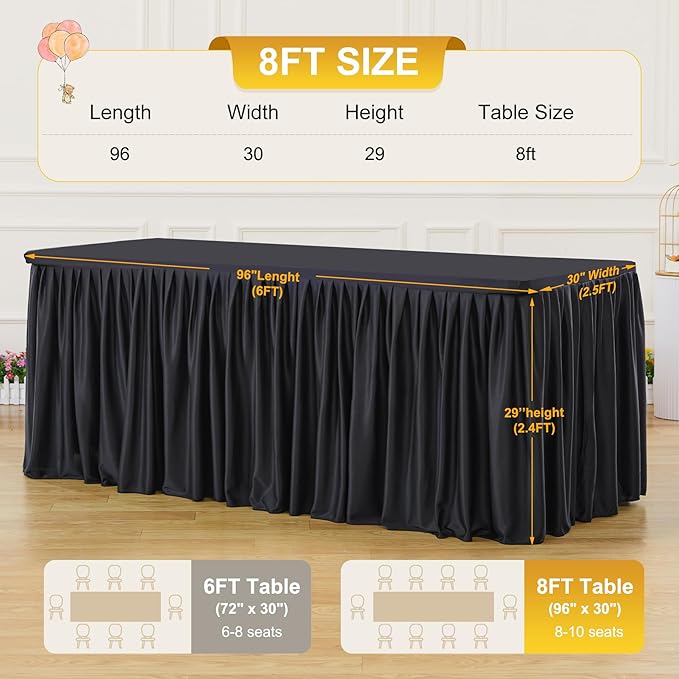 2 Packs Black Tableclothes for 8 Foot Rectangle Tables, Wrinkle Free Fitted Table Cloth 8ft Stretch Table Cover with Skirt for Parties Weddings Birthday Banquet Baby Shower