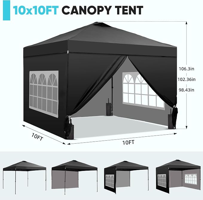 GDY 10x10 Pop Up Canopy Tent with 4 Sidewalls, Easy Set up with One Push Lift Outdoor Silver Coated Beach Gazebos, Carpas with 4 Sandbags, for Events, Parties,Camping, Black.