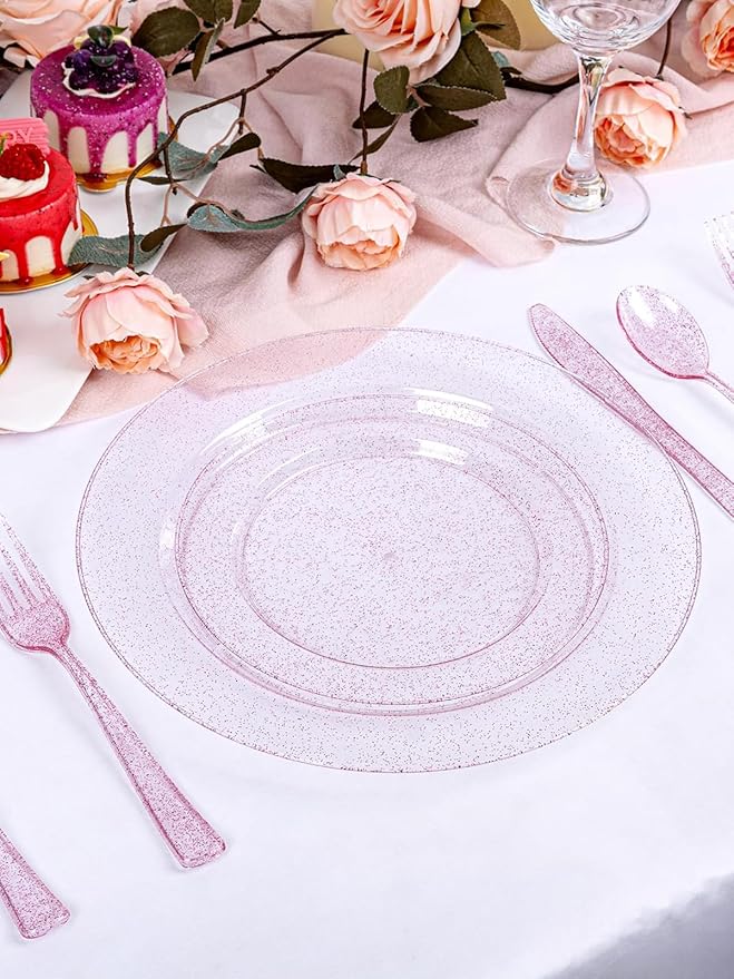 WDF 200PCS Pink Plastic Plates - Rose Gold Glitter Plastic Plates - Heavy Duty Pink Glitter Disposable Plates for Wedding Baby Shower Spring Birthday Mother's Day
