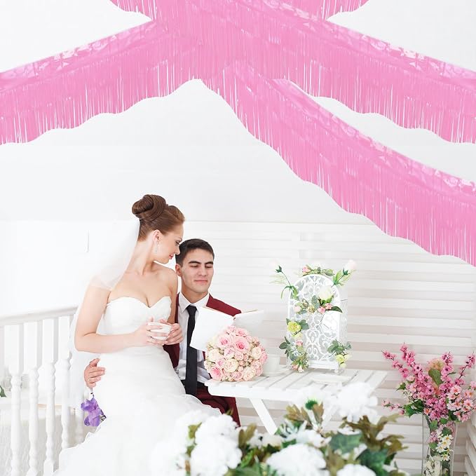 LOLStar Macaron Pink Foil Fringe Tinsel Garland Streamers Banner, 6 Pack | 60Ft Tinsel Streamers, Macaron Pink Tinsel Fringe Banners for Wedding, Gender Reveal, Bachelorette, Birthday Party Decor