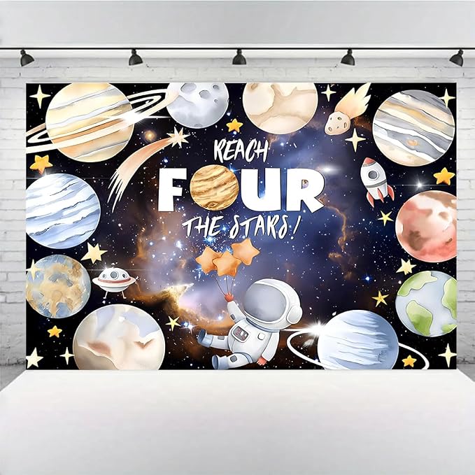 Reach Four The Stars Space Theme Children Birthday Background 4th Birthday Party Kids Astronaut Themed Birthday Party Decoration Boy Girl Birthday Party Photography Decorations Banner (8X6FT)