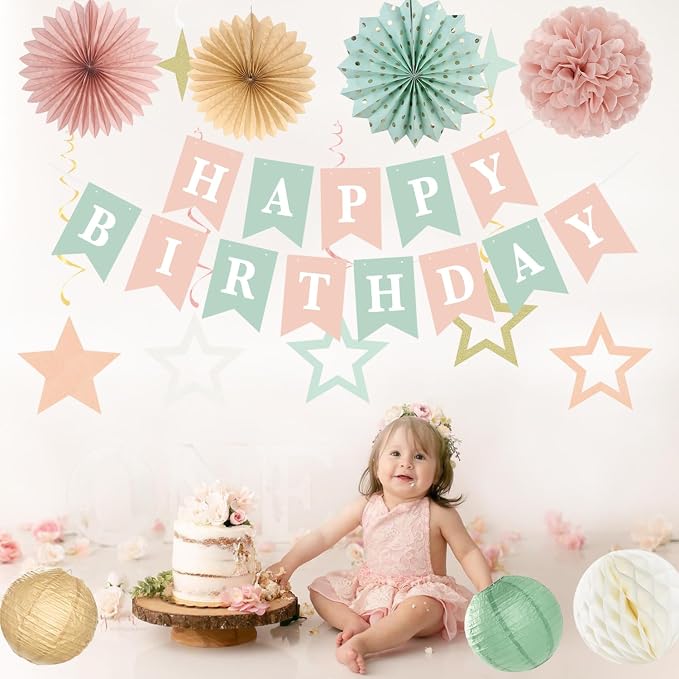 Sage-Green Blush-Pink Beige Birthday Party-Decorations - 19pcs Boho Neutral Rustic Fairy Streamers Banner,Paper Star Garland Lanterns Honeycomb Fan,Tissue Pom Poms,Wall Ceiling Backdrop Ouruola