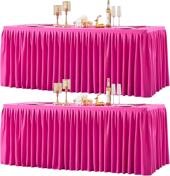 2 Packs Hot Pink Tableclothes for 6 Foot Rectangle Tables, Wrinkle Free Fitted Table Cloth 6ft Stretch Table Cover with Skirt for Parties Weddings Birthday Banquet Baby Shower