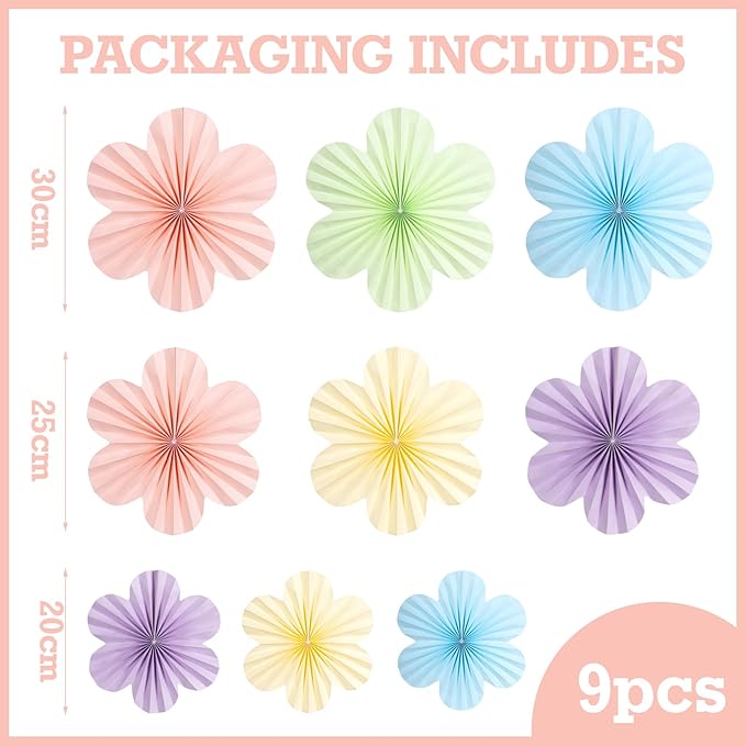 SUNBEAUTY Pastel Paper Flowers Decorations for Wall, Hanging Paper Fans Paper Floral Backdrop Decor Paper Fans Decoration Mothers Day Birthday Wedding Baby Shower, Set of 9