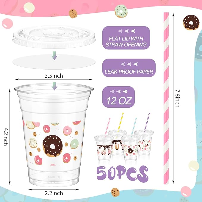 FoldTier 50 Pcs Donut Birthday party Plastic Cup 12 oz Cold Drinks Cups Doughnut Thick Clear Mug Disposable Mugs with Lids for Iced Coffee Smoothie Milkshake Birthday Party Sweet Holiday