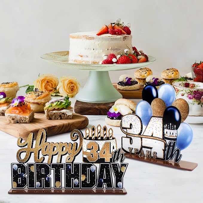 LINGTEER Happy 34th Birthday Gold Acrylic Table Topper Centerpieces Set - Cheers to 34 Years Old Birthday 34th Bday Party Gift Decorations.