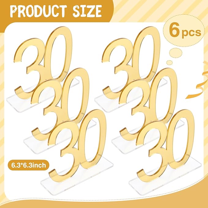 Threehoney 6 Pcs Mirror Gold 30th Birthday Decorations for Men and Women Acrylic Anniversary Decorations Table Numbers Centerpieces for Birthday Party