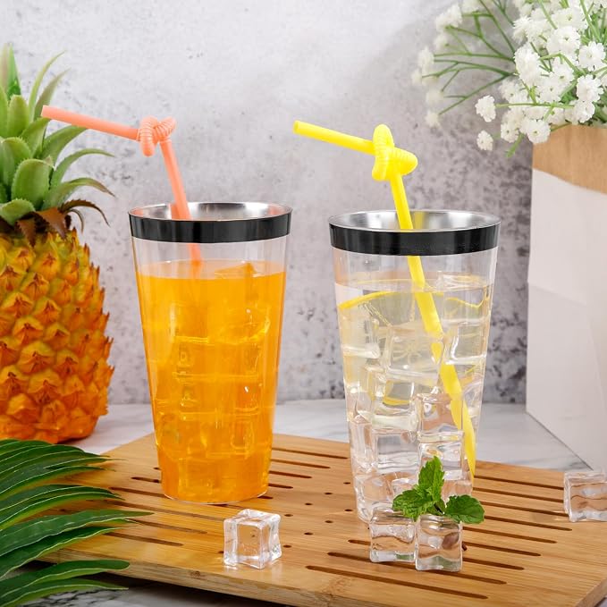 LIYH 100 Pcs 16 oz Black Rim Disposable Plastic Cups – Clear Fancy Party Cups for Weddings Cocktails Party 480ml