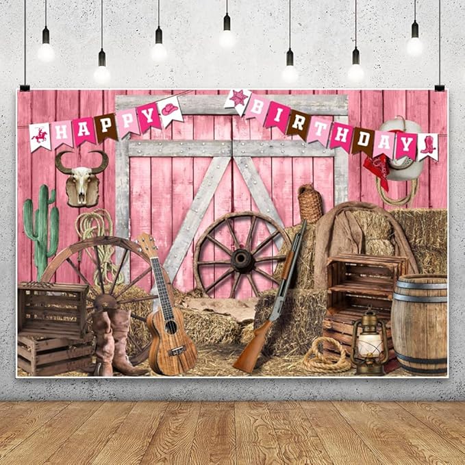 Leowefowa Pink Western Cowgirl Backdrops 15x10ft Pink Barn Door Haystacks Background for Photography Western Rustic Girl Birthday Party Banner Decor Cowgirl Party Portrait Studio Props Vinyl