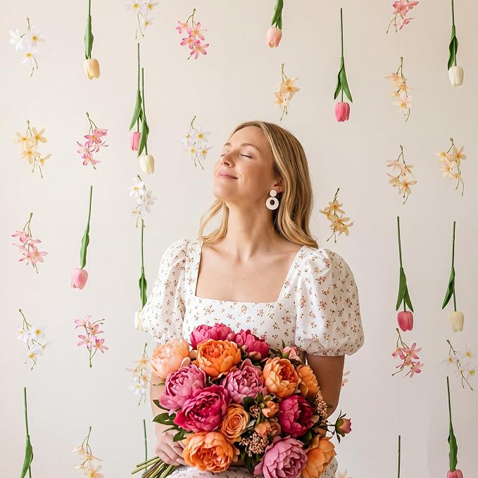 6 Pcs 35.4ft Artificial Tulips Hanging Flower Garlands with Hooks, Spring Faux Tulip and Wildflower Ceiling Vines, Mixed Colors Floral Backdrop for Wedding Party Home Wall Arch Decor