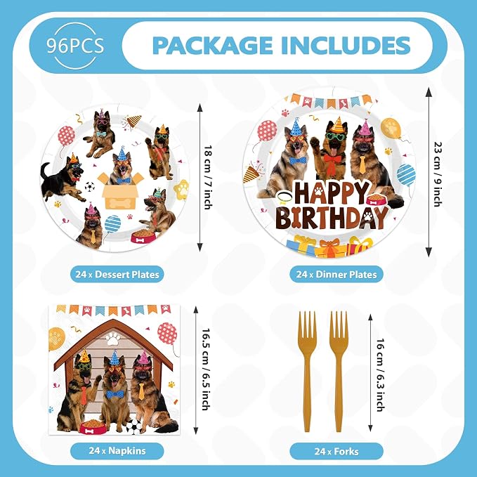 96Pcs German Shepherd Dog Birthday Party Decorations Funny Pet Dog Plates and Napkins Cute Puppy Tableware Set for Boys German Shepherd Theme Birthday Baby Shower Party Supplies Serves 24