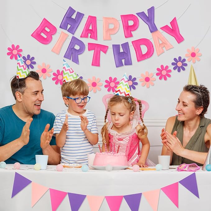 YEOCU Happy Birthday Decorations, No DIY, Pre-Strung 3D Banner | Pink&Purple, 3D felt banner, flower garland & flags. No DIY, reusable for kids & women.