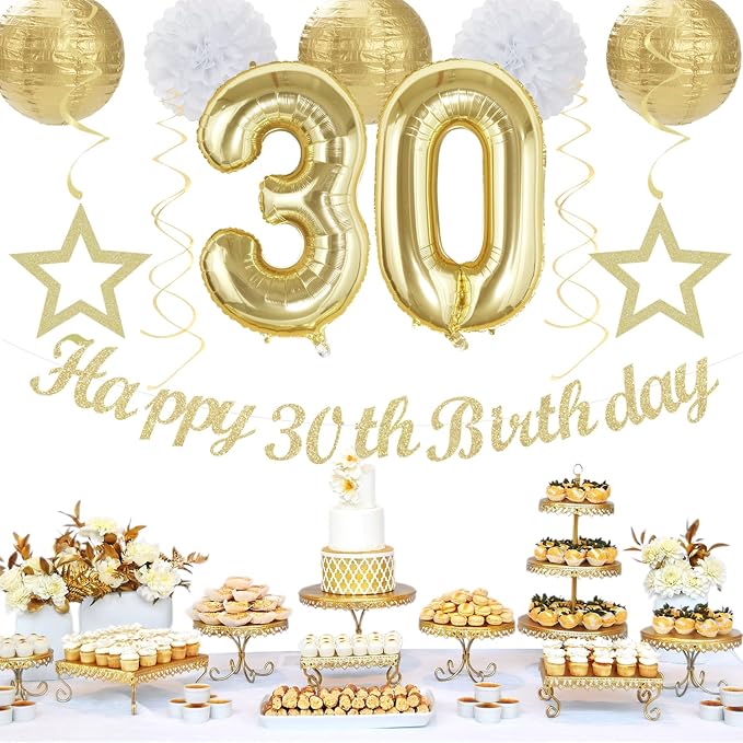White Gold Women 30th Happy Birthday Party Decorations Hugmoon | 21pcs Kit 30th Balloon,Cute Girl Banner,Streamers,Tissue Paper Pom Poms Flowers Fans,Birthday Garlands Decor Backdrop