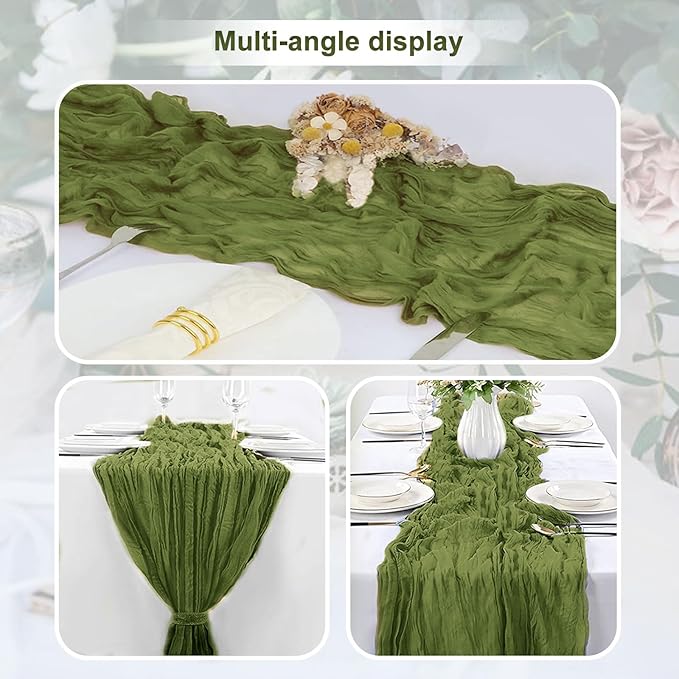 6 Pack Olive Green Cheesecloth Table Runner 35x120 Inch 10Ft Rustic Gauze Cheese Cloth Table Runner Sheer Cheesecloth Table Runners for Wedding Party Bridal Shower Decoration