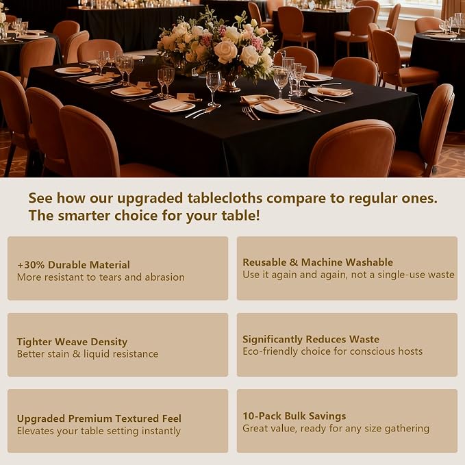 Black Tablecloths for Rectangle Tables, 10-Pack - 60x102 Inch | Reusable & Washable Table Cloths for 6 Foot Tables, Polyester Fabric Tablecloth for Wedding, Party, Banquet