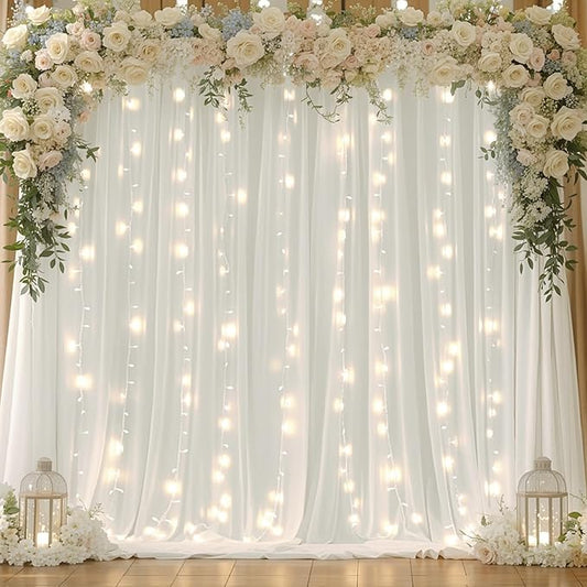 10x10ft Cream White Chiffon Backdrop Curtain with Lights String for Wedding Sheer Tulle Curtain Photo Backdrops Drapes for Baby Shower Birthday Party Home Ceremony Decorations