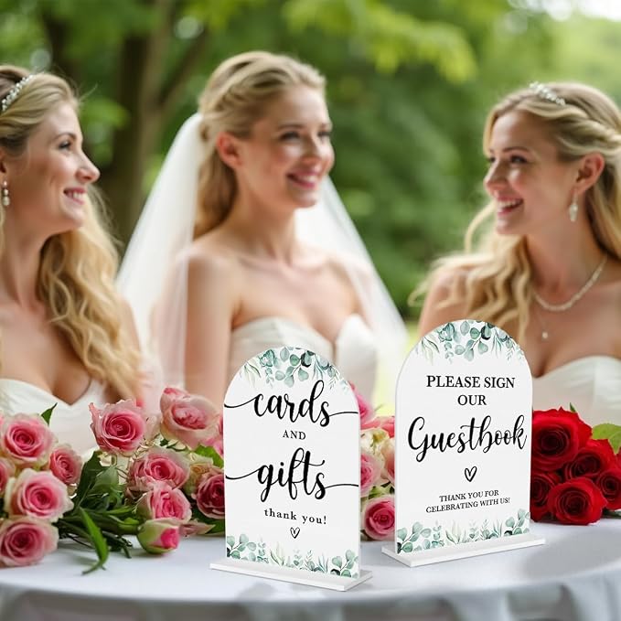 2 Pcs Acrylic Wedding Signs for Reception, Bridal Shower Decorations, Cards and Gifts Signs, Guest Book Sign, Arch Acrylic Table Top Sign with Holder for Wedding Reception (White Eucalyptus Leaves)